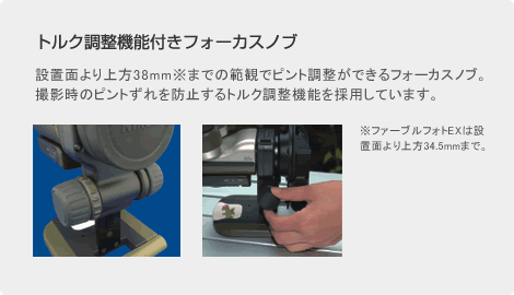 トルク調整機能付きフォーカスノブ／設置面より上方38mm※までの範観でピント調整ができるフォーカスノブ。撮影時のピントずれを防止するトルク調整機能を採用しています。